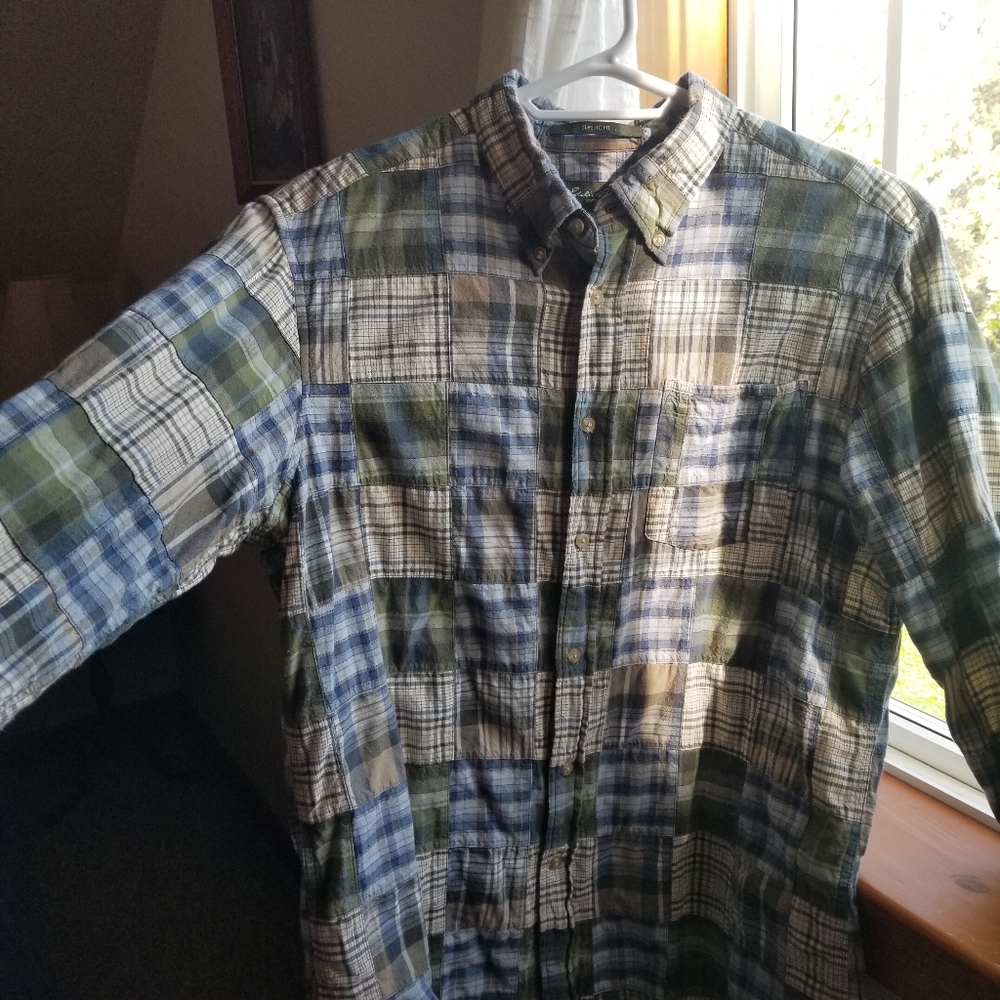 Eddie Bauer 100% Cotton Patchwork Long Sleeve Shirt L
